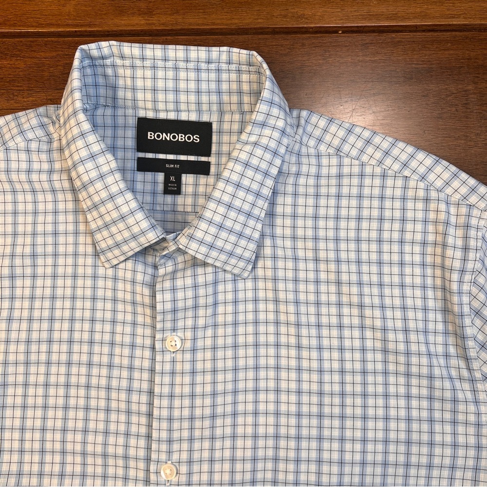 Bonobos White and Blue Plaid Men's Button Up Dress Shirt Slim Fit size XL‎